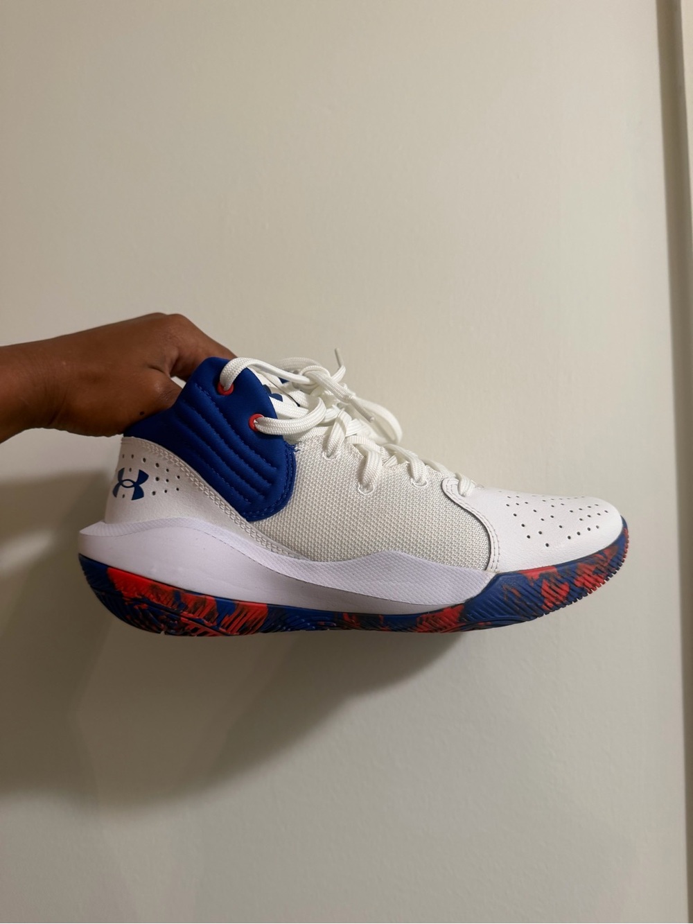 Under Armour Kids White and Royal Blue Sneakers with Red Accent Outsole